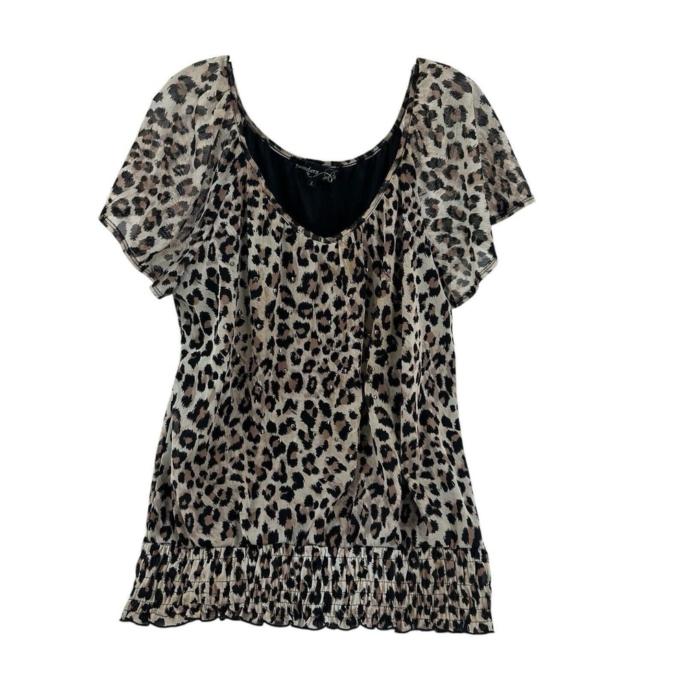 7wonders Leopard Print Mesh Smocked Hem Studded Blouse Top Mob Wife Women Sz L